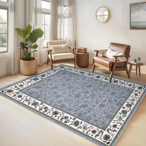 Floral Rugs 9x12 Washable Non Slip Area Rug for Living Room Bedroom Nursery Grey Vintage Geometric Low Pile