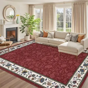 6x9 Washable Vintage Floral Print Living Room Rug, Soft Non Slip Large Carpet for Bedroom, Dining Room, Kids Girls Room, Red