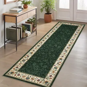 Washable Green Runner Rug 2x6 Non Slip Floral Hallway Kitchen Runner Low Pile Vintage Floor Carpet for Bedroom Stain Resistant Entryway Mat Non Shedding Floor Cover for Office