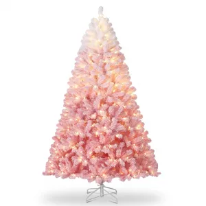 9ft Pink Christmas Tree, Gradient Snow Flocked Artificial Christmas Tree with 800 LED Warm White Lights, PVC Prelit Xmas Tree Holiday Decoration for Home, Office, Party