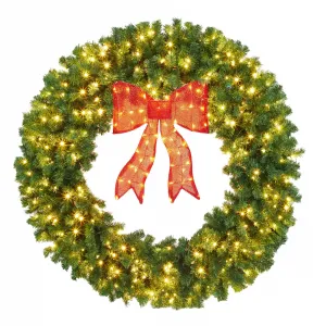 Pre-Lit Christmas Wreath with Bow, 48" Lighted Bow & Winter Artificial Wreath Greenery, Durable PVC, Xmas Decoration for Indoor Outdoor Holiday Party