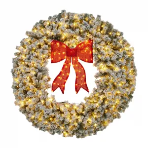 Pre-Lit Christmas Wreath with Bow, 48" Winter Artificial Wreath with Lighted Bow, Xmas Decoration for Indoor Outdoor Holiday Party