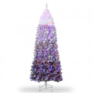 7.5FT Pencil Christmas Tree Prelit, Purple Gradient Snow Flocked Holiday Decoration Xmas Tree with 300 Dual Color LED Lights & 820 Branch Tips, Includes Metal Stand