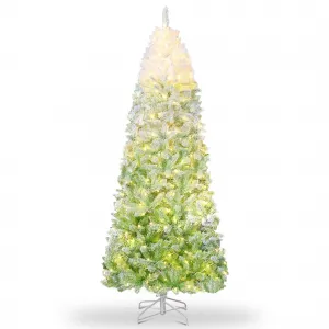7.5ft Christmas Tree, Green Gradient Pencil Prelit Christmas Tree with 300 Dual Color LED Lights & 820 Branch Tips, Snow Flocked Xmas  Tree Decoration for Home & Office