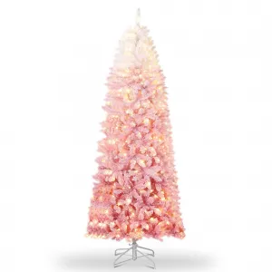 7.5ft Pink Gradient Christmas Tree, Pre Lit Fake Christmas Tree with 300 Dual Color LED Lights & 820 Branch Tips, Snow Flocked Xmas  Tree Decoration for Home & Office