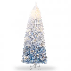 6ft Christmas Tree, Blue Gradient Pencil Prelit Christmas Tree Snow Flocked, Dual Color LED Lights, Flame-Retardant PVC, Metal Stand Slim Design, Christmas Decoration for Home