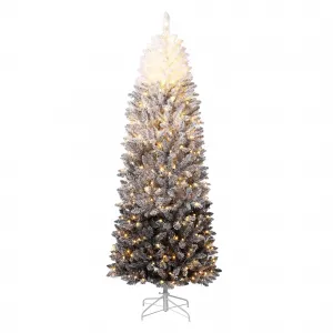 7.5FT Pencil Christmas Tree Prelit, Black Gradient Snow Flocked Holiday Decoration Xmas Tree with 300 Dual Color LED Lights & 820 Branch Tips, Includes Metal Stand