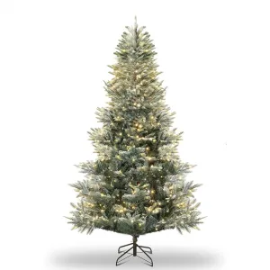 6.5ft Artificial Pre-Lit Christmas Tree with 300 UL Listed Warm White Lights, Snow Flocked Xmas Tree with Metal Stand, Flame-Retardant Material, Christmas Decoration for Yard, Home, Entrances