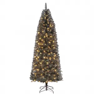 6ft Prelit Black Christmas Tree with LED Lights, Artificial Pencil Christmas Tree with Sturdy Metal Base, Slim Design, Flame-Retardant PVC, Halloween & Christmas Decoration