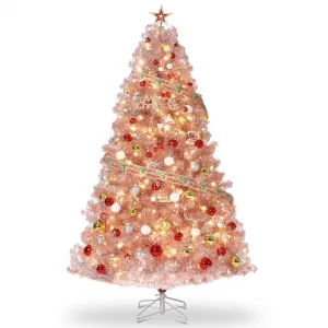 Prelit Artificial Christmas Tree, 4.5ft Rose Gold Tinsel Fake Christmas Tree with 150 Warm White LED Lights, Metal Stand & 288 Branch Tips for Home, Office, Xmas Party Decor
