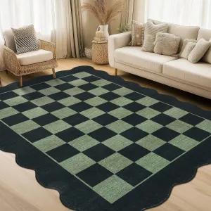 Area Rugs 10x13 Washable Large Modern Scalloped Non Slip Carpet Black Green for Living Room Bedroom Nursery Office Dining Room