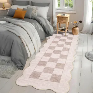 Scalloped Rug 2x6 Washable Area Rug Non Slip Backing Modern Checkered Carpet Beige for Living Room Bathroom Entryway
