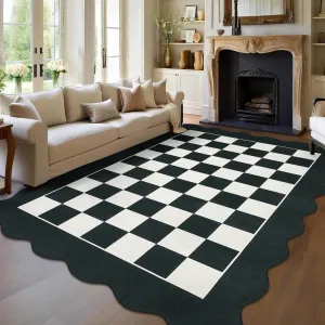 Washable Checkerboard Rug 5x7 Scalloped Edge Non Slip Low Pile Carpet for Living Room Bedroom Nursery Office Dining Room Black and White