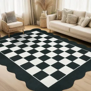 Large Area Rug Washable Scalloped Neutral Checkerboard Carpet for Living Room Bedroom Dining Room 10x13 Black and White