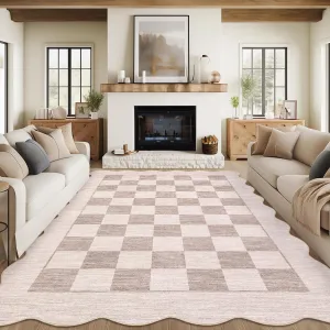 5x7 Bedroom Rug Washable Modern Scalloped Accent Rug Checkered Non Slip Low Pile Carpet Beige