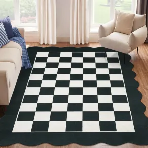 Bedroom Rug 9x12 Checkerboard Scalloped Edge Non Slip Washable