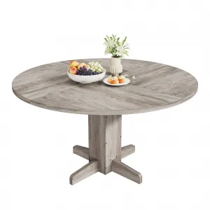 47" Farmhouse Round Dining Table in Wood Grain Design with Wood Pedestal Base Suitable for 2-4 People, Grey