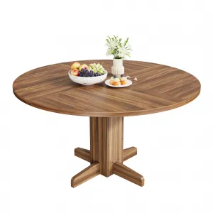 47" Farmhouse Round Dining Table in Wood Grain Design with Wood Pedestal Base Suitable for 2-4 Peaple, Walnut
