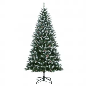 7.5ft Pre-Lit Snow Flocked Christmas Tree, Artificial Xmas Tree with Snowy Branch Tips, Hinged Metal Stand, Flame-Retardant Material, Fake Christmas Tree for Yard, Home, Entrances