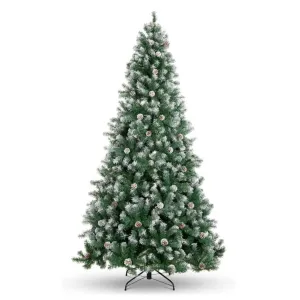 9ft Pre-Lit Christmas Tree with Pinecone, Artificial Xmas Tree with Snowy Branch Tips, Hinged Metal Stand, Flame-Retardant Material, Fake Christmas Tree for Yard, Home, Entrances