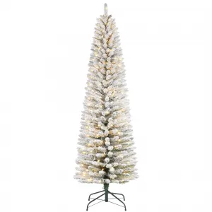 6ft Flocked Pencil Christmas Tree with Lights, Slim Prelit Artificial Tree, Snowy PVC Branch Tips, Metal Stand, Easy Assembly, Ideal for Apartments & Entryways