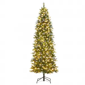 12ft Large Pre-Lit Pencil Christmas Tree, Artificial Hinged Xmas Tree with Snow Flocked Tips, Warm-White LED Lights and Metal Stand, Fake Slim Christmas Trees for Indoor/Outdoor Decor