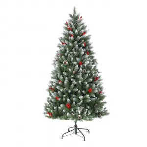 7FT Artificial Christmas Tree with Pine Cones & Berries, Hinged Branches, Metal Stand, Frosted Pine, Indoor Outdoor Holiday Decor