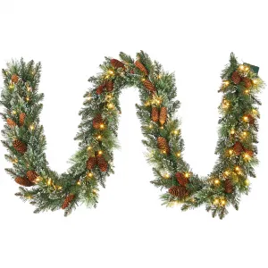 9FT Battery Operated Christmas Garland with Warm LED Lights, Pine Cones & Berries, Flexible PVC, Fire-Resistant, Prelit Indoor/Outdoor Decor