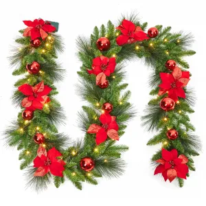 Pre-Lit Christmas Garland 9FT with 30 LED Lights, Pine Cones & Berries, Battery Operated, Fire-Resistant Material, Indoor/Outdoor Decor for Stairs & Fireplace