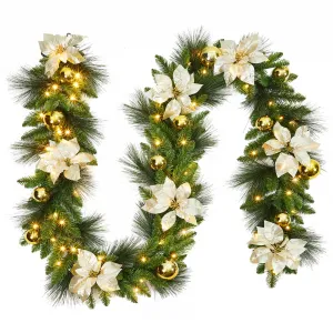Fluffy 9 Foot Pre-Lit Christmas Garland with Lights, Warm White LED Pinecone Garland for Staircase and Mantle Holiday Decor