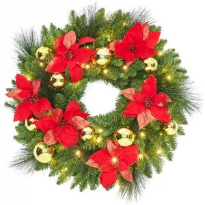 24" Artificial Christmas Wreath with 50 Warm LED Lights, Frosted Pine Cones & Berries, Flame-Retardant, Pre-Lit, Indoor Outdoor Holiday Decor