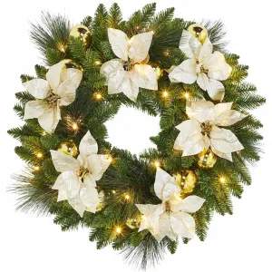24 Inch Artificial Christmas Wreath with 50 Warm White LEDs, Frosted Pine & Pine Cones, Weather-Resistant, Easy Hang - Indoor Outdoor Decor
