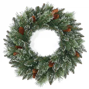 24" Pre-Lit Christmas Wreath with Frosted Red Berries & Pinecones, Battery Operated LED Lights, Realistic Mixed Greenery, Durable 3-Section Frame, Indoor Outdoor Holiday Decor