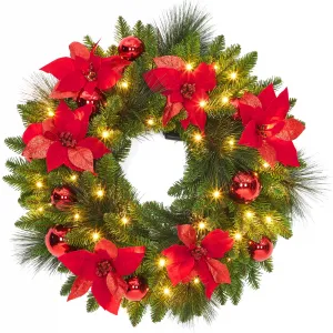 24 Inch Pre-Lit Artificial Christmas Wreath with 50 Warm White LED Lights, Frosted Pine Cones & Branches, Flame-Retardant Material, for Indoor Outdoor Front Door Decor