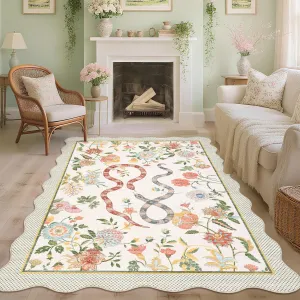 Washable Scalloped Area Rugs 10x13 Beige Floral Printed Dining Room Carpet, Non-Shedding Low Pile Accent Rug, Farmhouse Snake Indoor Floor Cover