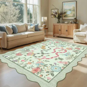 Scalloped Washable Rugs 10x13 Green Non Slip Farmhouse Floral Area Rug for Living Room Bedroom Nursery