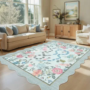 Scalloped Washable Rugs Non Slip Farmhouse Floral Area Rug 10x13 Soft Indoor Carpet Beige Green Brown Black Blue