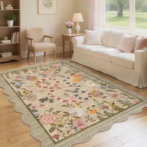 5x7 Scalloped Rug Machine Washable Brown Floral Snake Design Non-Slip Low Pile Area Rug for Dorm Bedroom Living Room