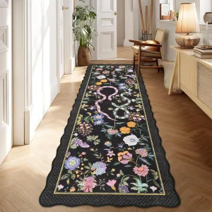 2x6 Runner Rug Scalloped Kitchen Rug Modern Floral Carpet Non-Slip Low Pile Bathroom Rug Black