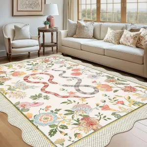 9x12 Scalloped Area Rug Non-Slip Low Pile Floral Design Beige Machine Washable for Living Room Bedroom Kids Room
