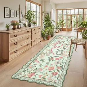 Scalloped Runner Rug 2x6 Machine Washable Non-Slip Kitchen Bathroom Rug Green Floral Animal Print Low Pile
