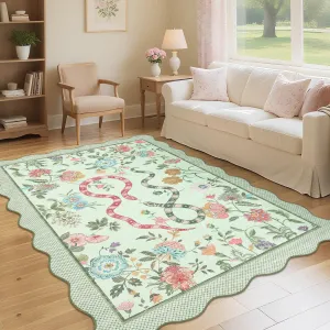 Scalloped Rug 5x7 Green Floral Carpet Non-Slip Machine Washable for Bedroom Living Room Dorm Home