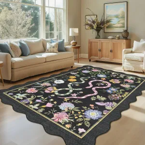 Floral Area Rug 9x12 Black Non-Slip Low Pile Playroom Carpet for Dorm Home Dining Room Bedroom Living Room