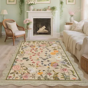 Scalloped Washable Rugs for Living Room 10x13 Brown Non Slip Farmhouse Floral Area Rug Low Pile Soft Indoor Carpet Foldable Animal Print Floor Mats