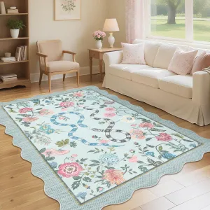 5x7 Scalloped Rug Non-Slip Machine Washable Blue Floral Carpet for Bedroom Living Room Dorm Kids Room Dining Room