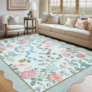 Washable Area Rug 9x12 Blue Floral Non-Slip Low Pile for Living Room Bedroom Dining Room