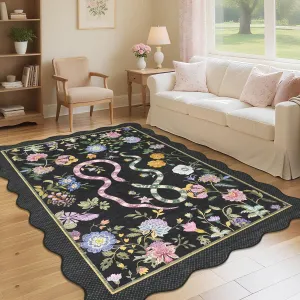 5x7 Floral Rug Machine Washable Non-Slip Black Snake Design for Bedroom Living Room Dorm Dining Room