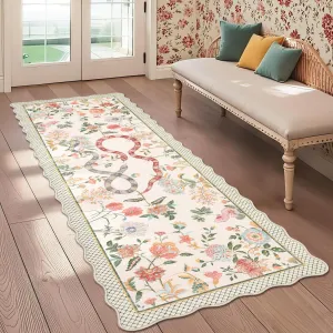 Kitchen Runner Rug 2x6 Floral Scalloped Carpet Machine Washable Beige Non-Slip Modern Contemporary Hallway Low Pile