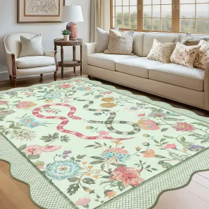 9x12 Area Rug Modern Scalloped Machine Washable Non-Slip Low Pile Green Floral Snake Print for Living Room Bedroom