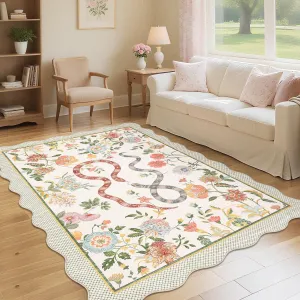 Living Room Rug 5x7 Machine Washable Floral Low Pile Non-Slip Beige Snake Print for Bedroom Dining Room Kids Room